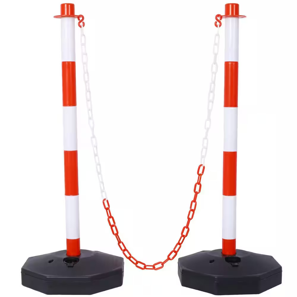 6-Pack White/Red Plastic Safety Barrier Post W/Fillable Base,5Ft Plastic Chain f