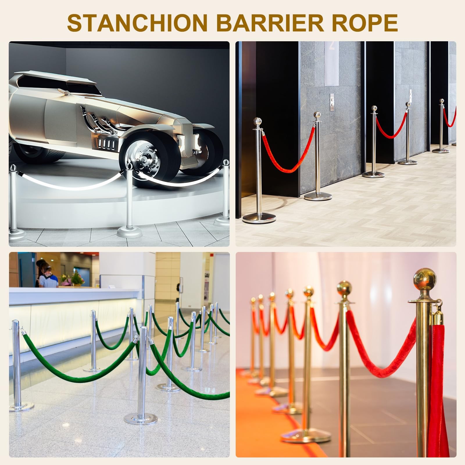2 PCS Black Golden Velvet Stanchion Rope 6.6 FT 2M Barrier Snap Hooks Post