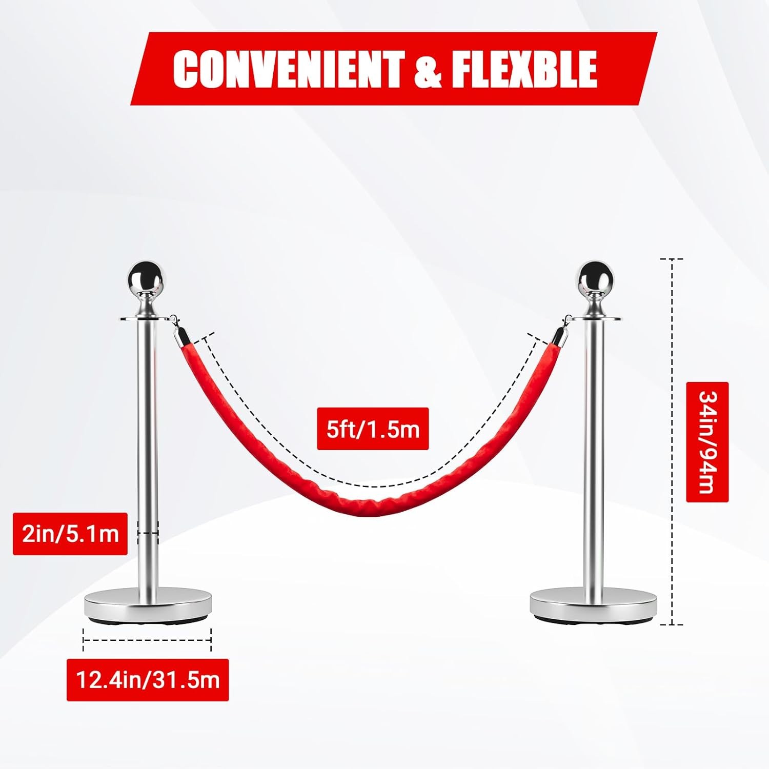 Stainless Steel Stanchion Post Queue 5FT Velvet Carpet Ropes Pole Crowd Control