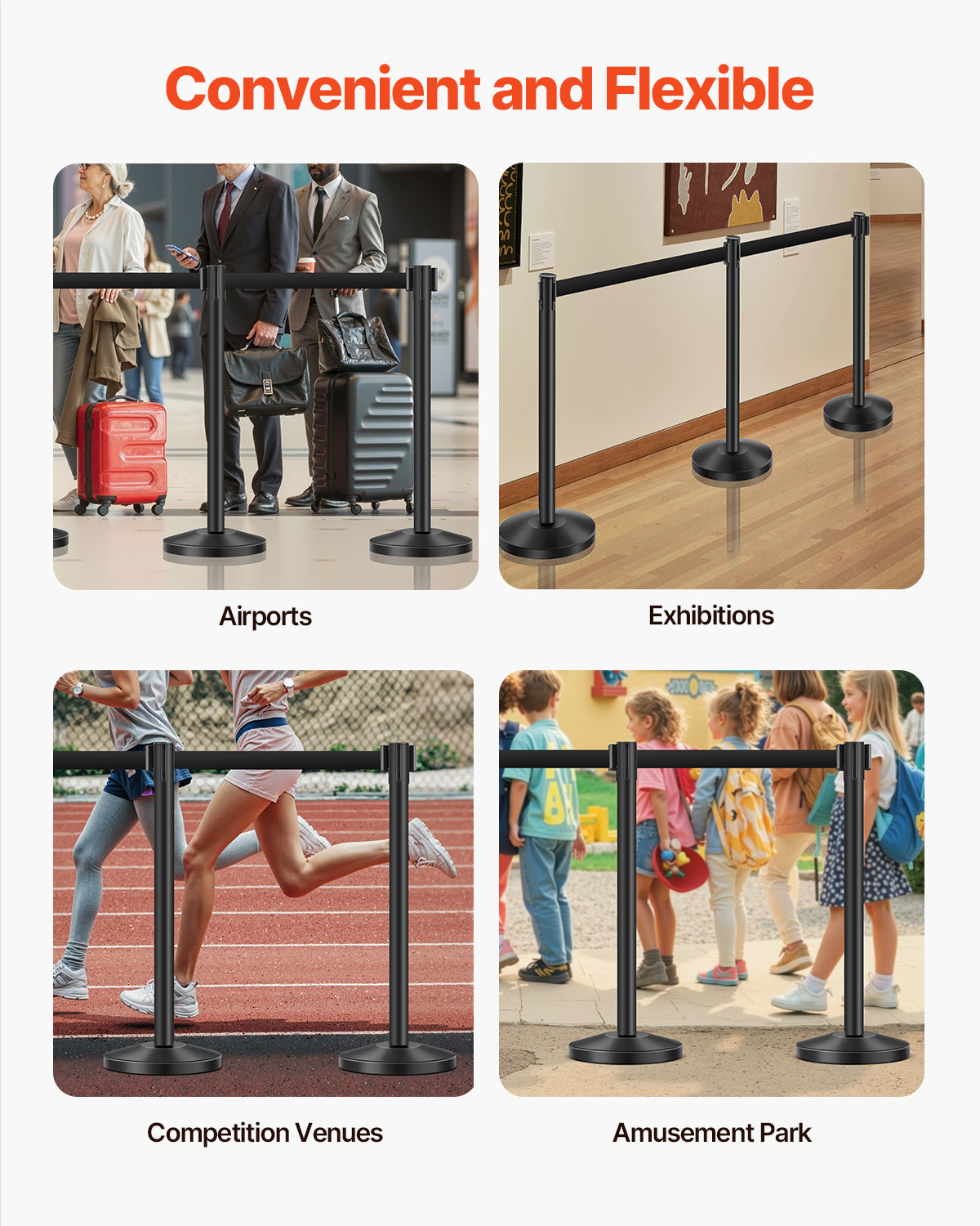 6 Pcs Stanchion Post with 4 Retractable Belts & Sand Injection Hollow Base