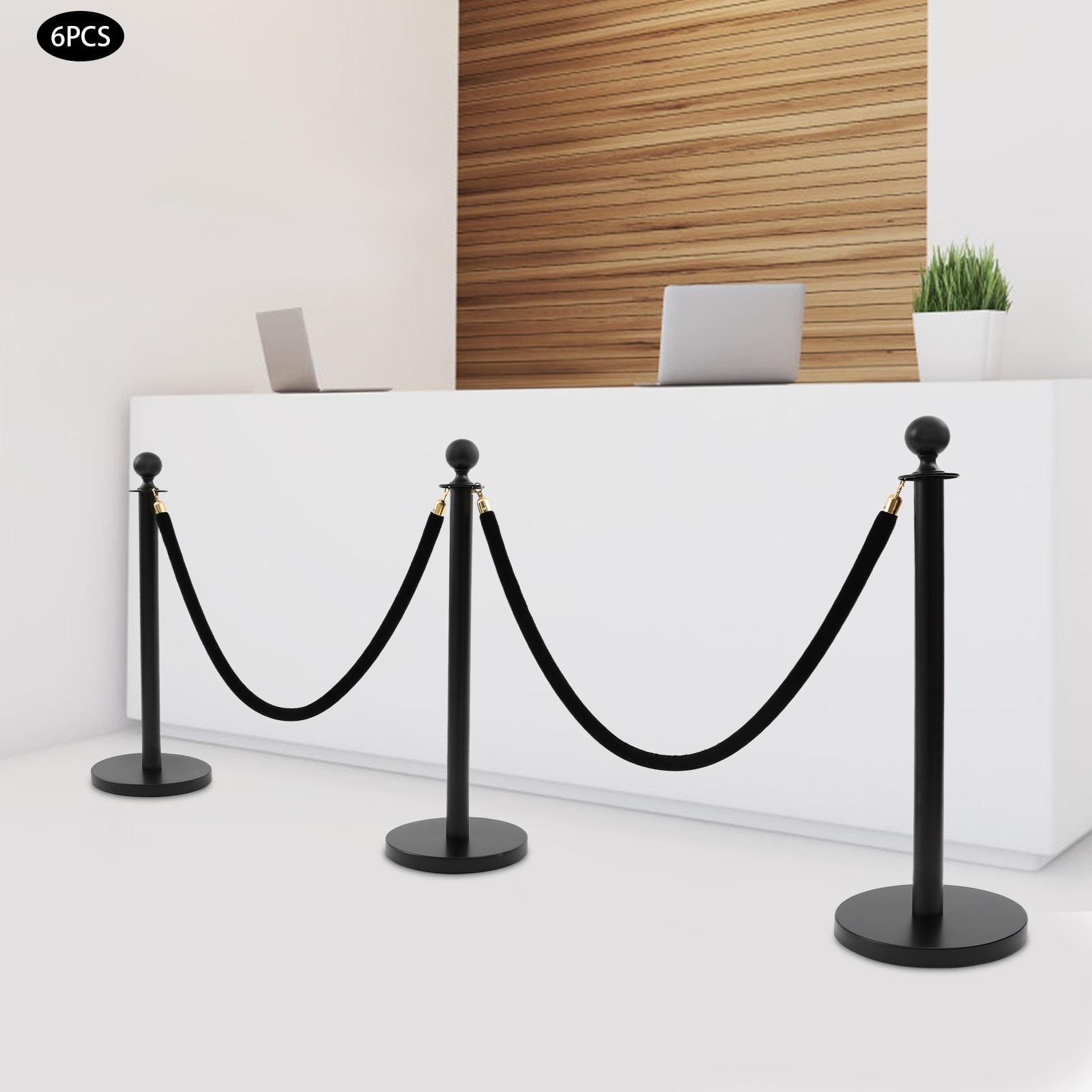 6-Piece Black Stanchion Set 95cm Posts With 4×1.5m Velvet Ropes 201 Stainless