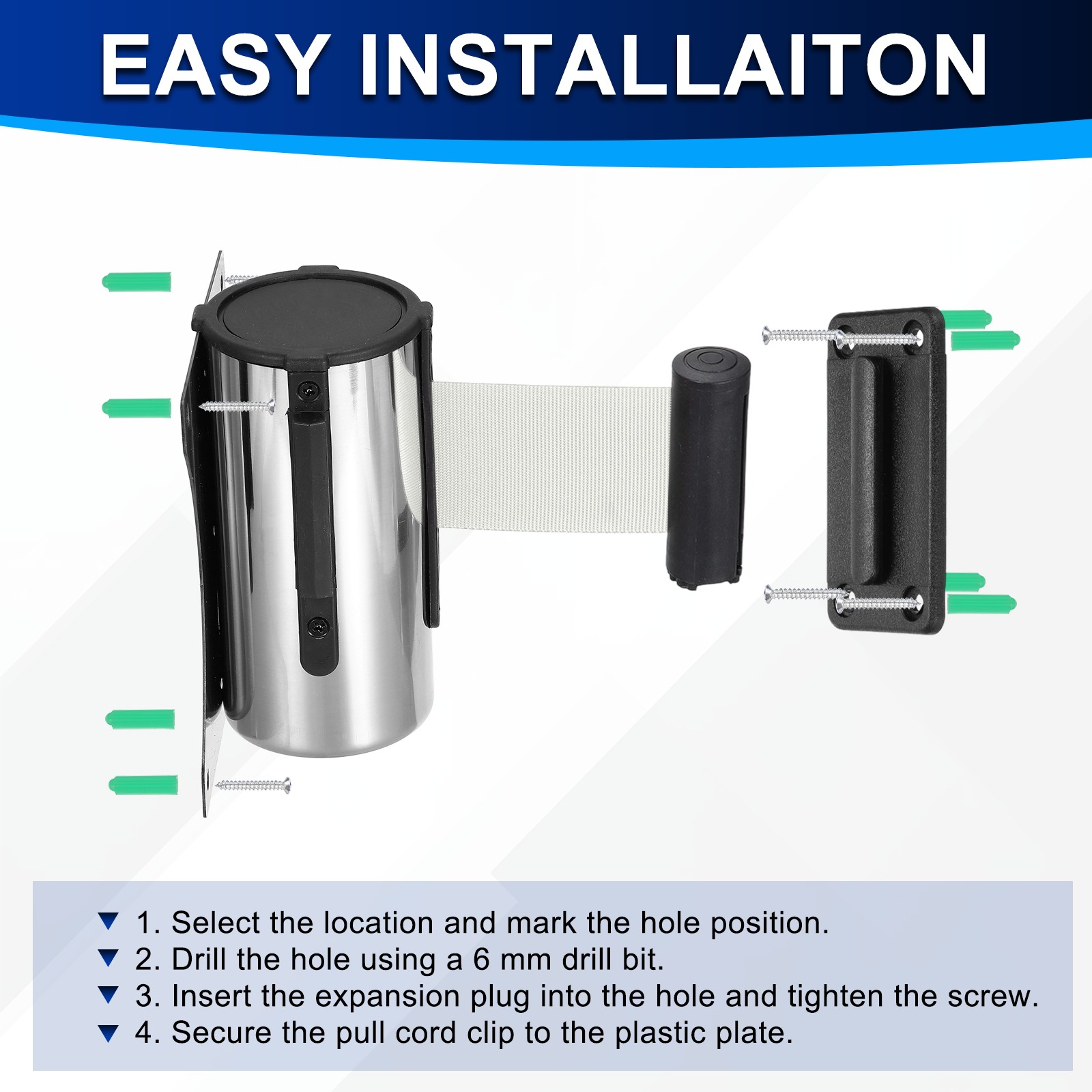 Fixed Wall Mount Retractable Belt Barrier (10 Feet, Gray) (1 Pcs)