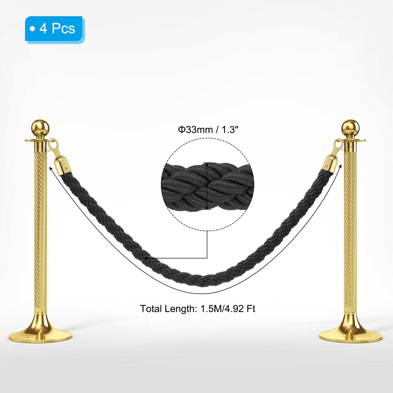 4 Pack Black Twisted Stanchion Rope, 5 Ft Ropes Barrier Rope with Gold Hooks