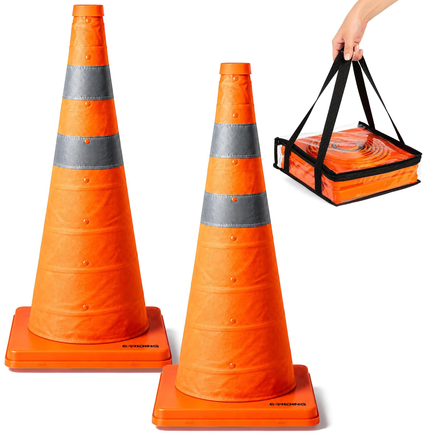 28 Inch 2 Pack Collapsible Traffic Cones, Pop-Up Orange Cones with 2 Reflective