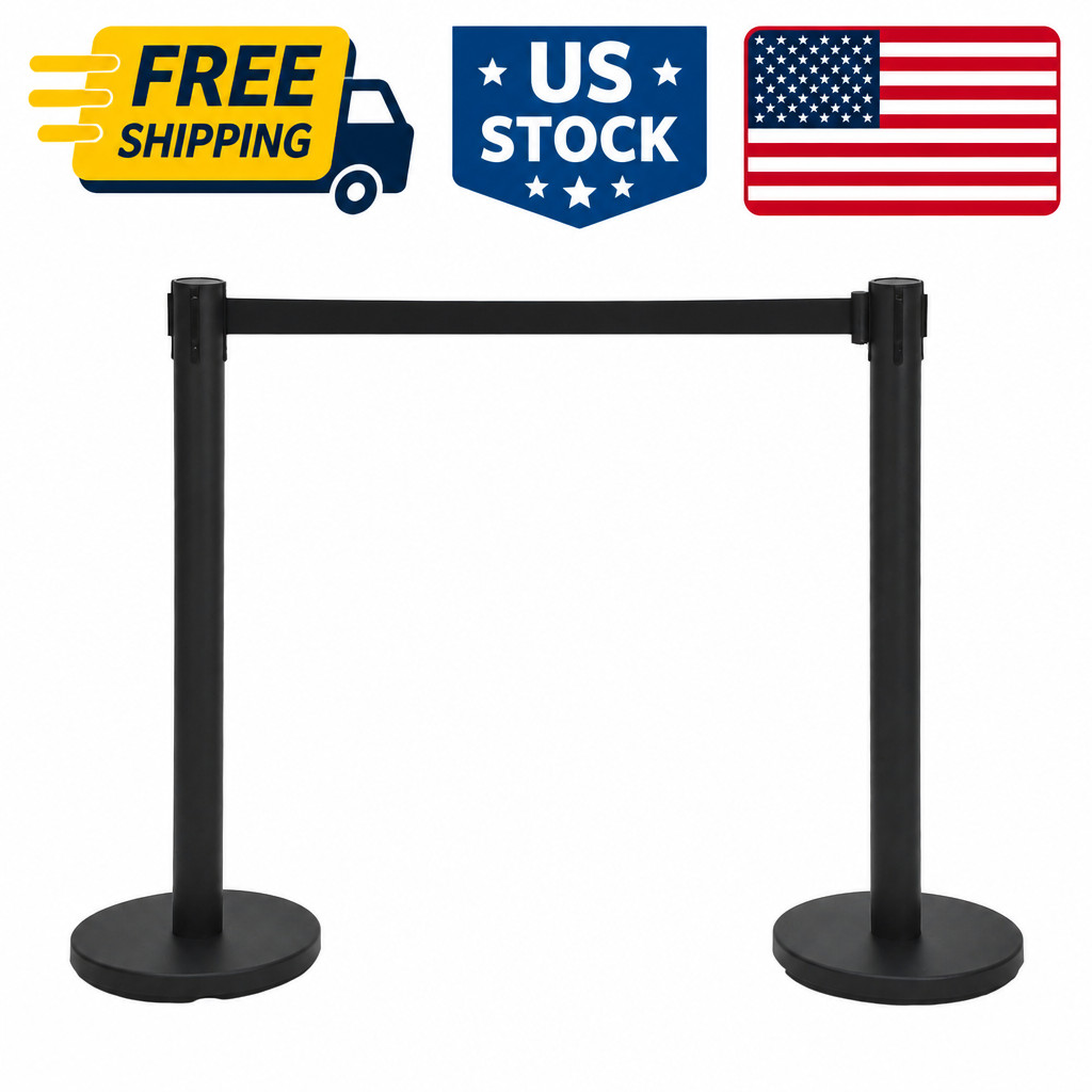 Crowd Control Set, 2 Pack Black Stanchions with 6.6Ft Sturdy Retractab Stanchion