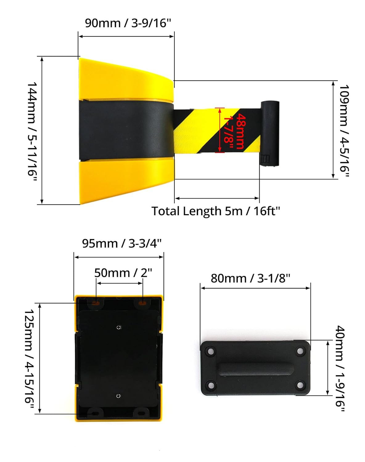 Wall Mount Retractable Belt Barrier 16ft ABS Case Black/Yellow Safety Indoor Use
