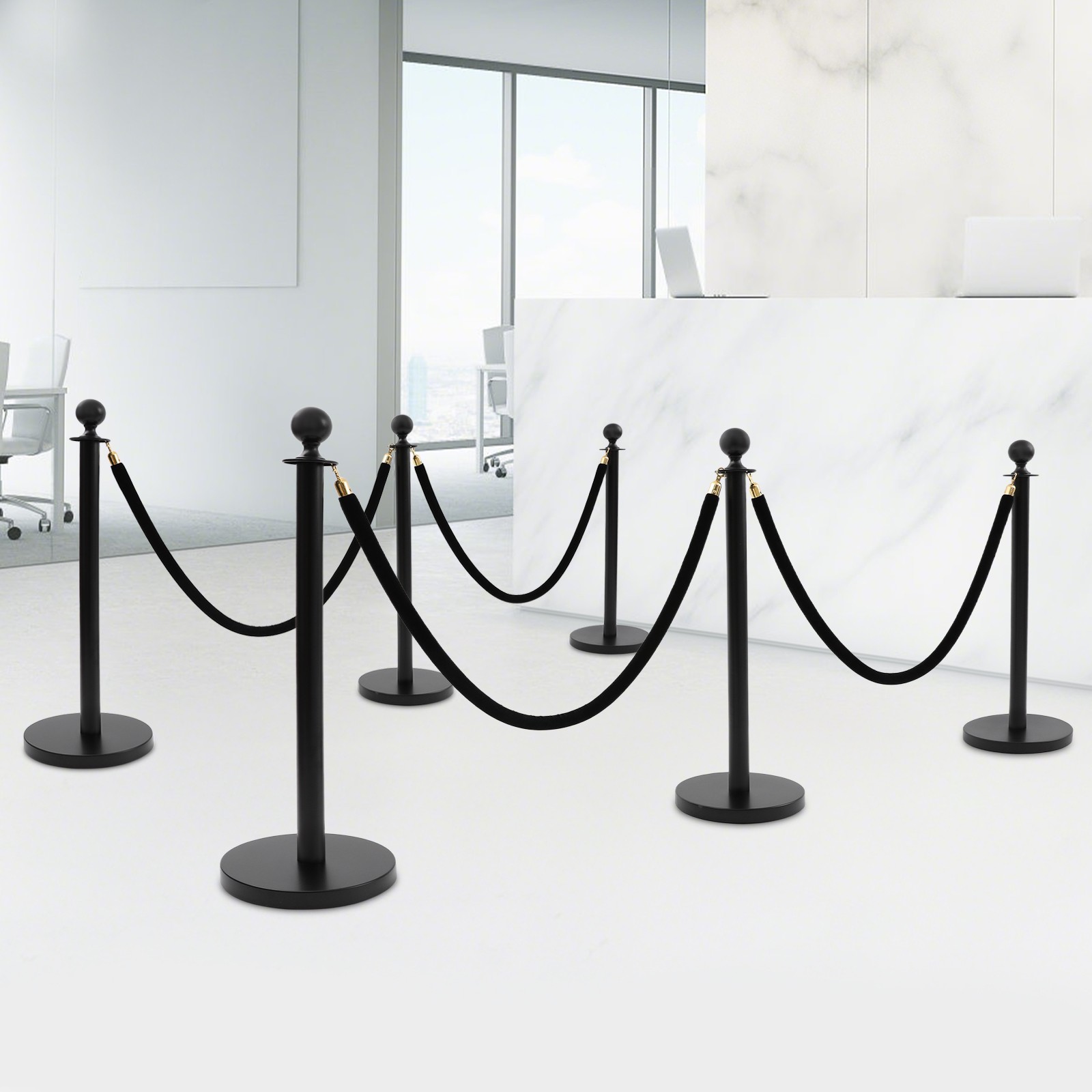 6-Piece Black Stanchion Set 95cm Posts With 4×1.5m Velvet Ropes 201 Stainless