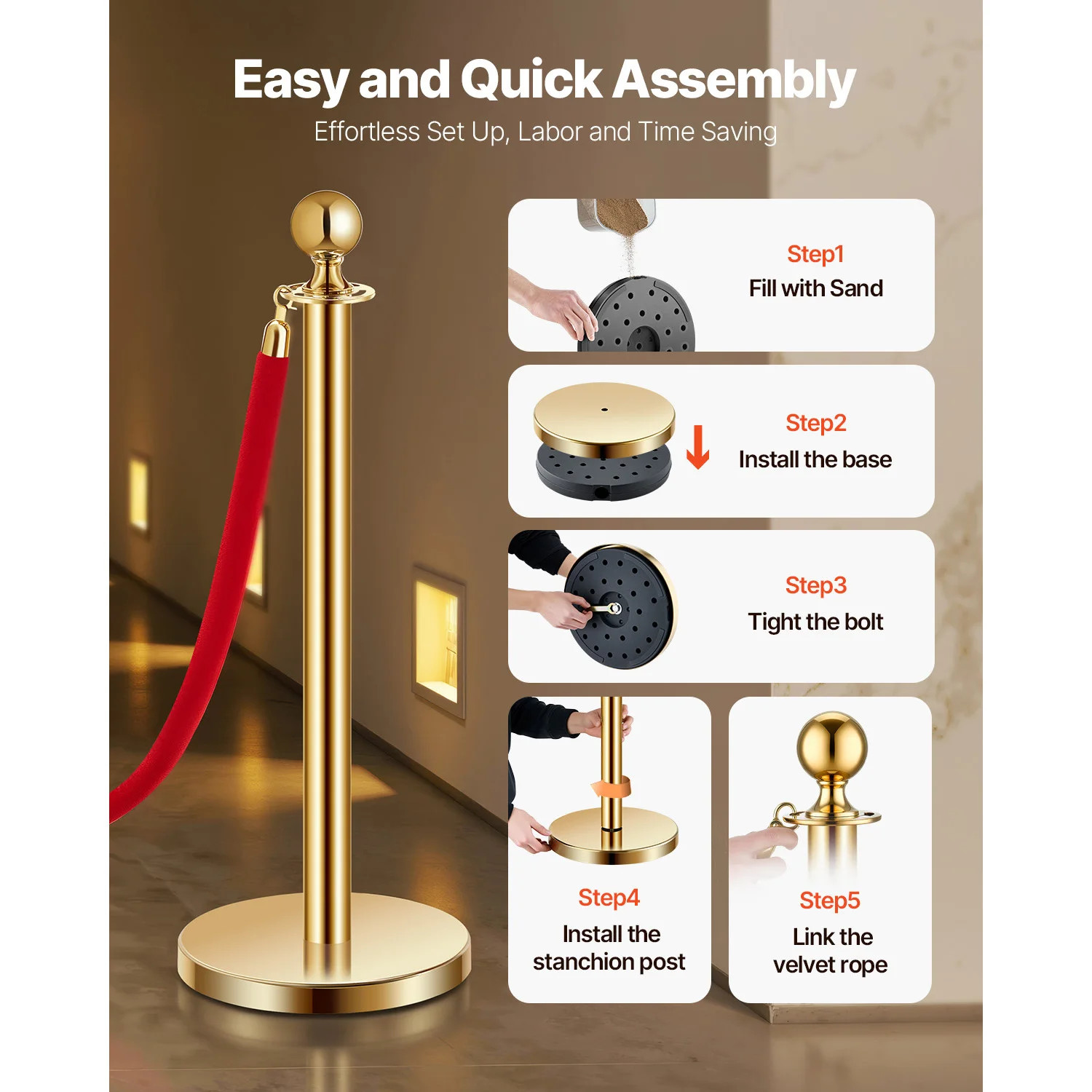 Stanchions 4/6/8Pcs Stainless Steel Post with Fillable Base Velvet Ropes & Posts