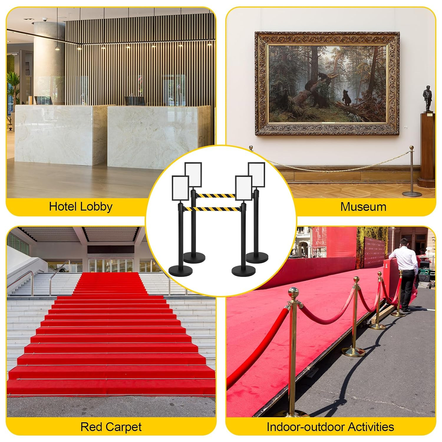 8 Pcs Stanchions with 8.2 Ft Retractable Belt Black Crowd Control Stanchions Set