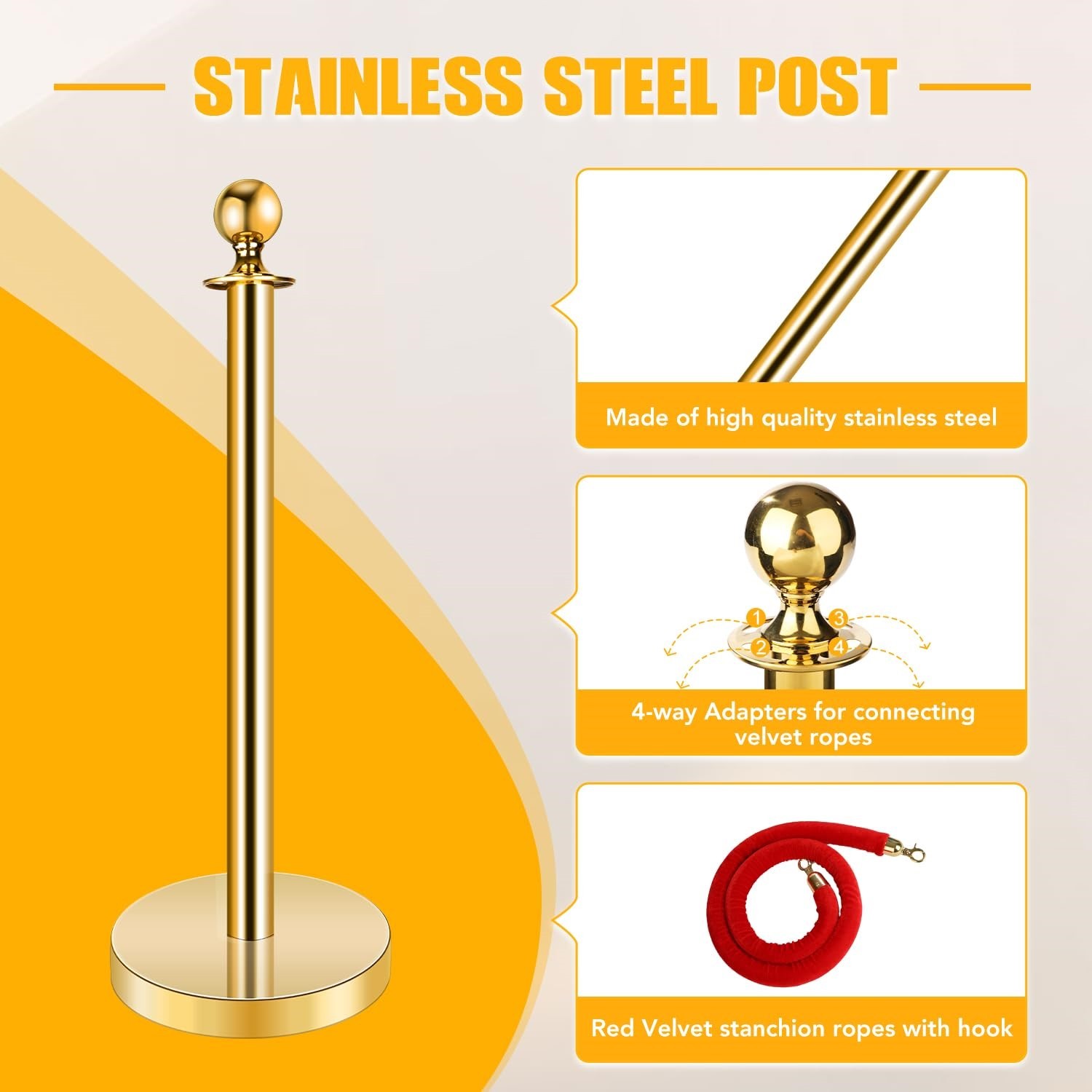 6 Pack Stainless Steel Hollow Base Stanchion Post w/ 5ft Velvet Ropes Gold