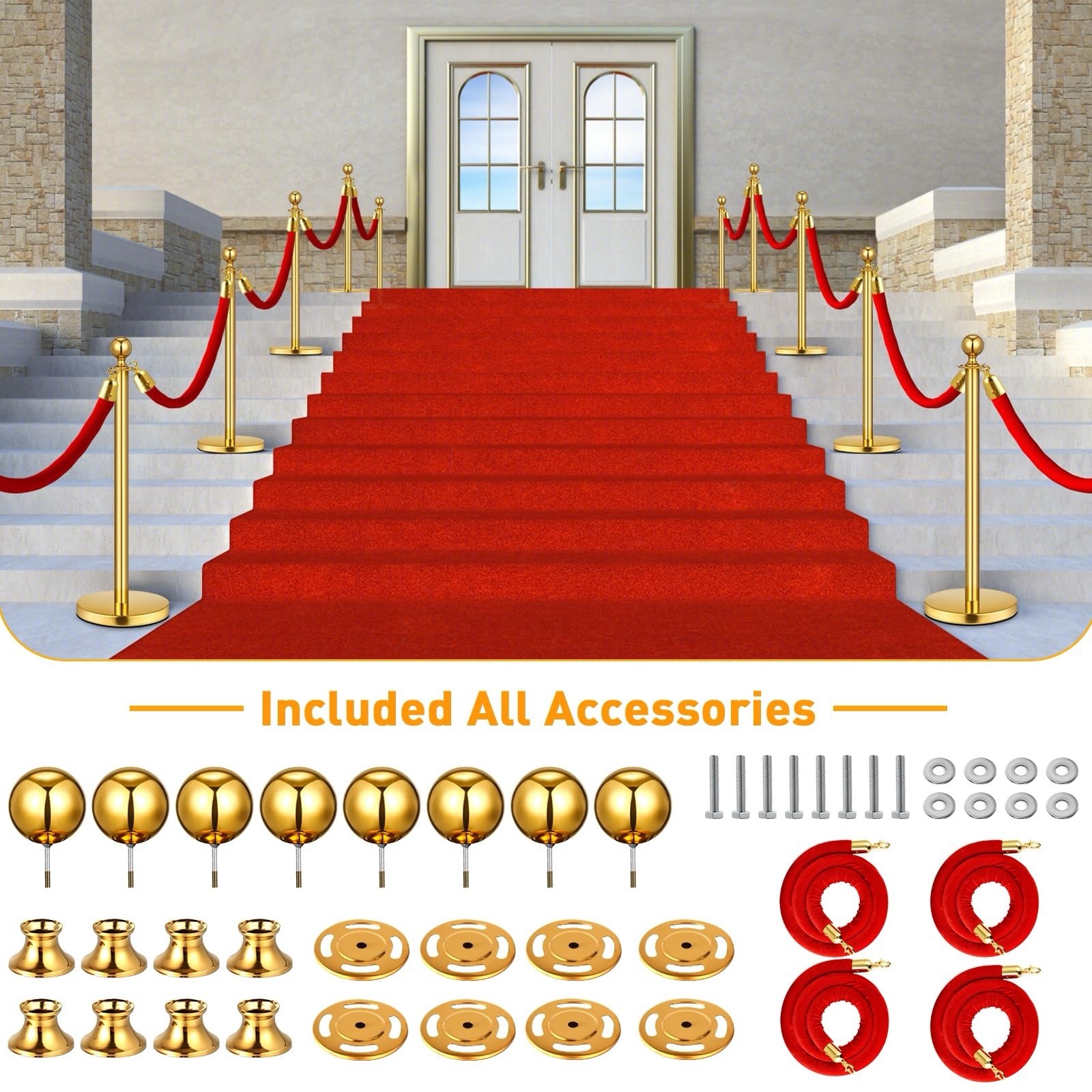 8 Pack Upgraded Stainless Steel Stanchions and Velvet Ropes 5FT Extended Red Car