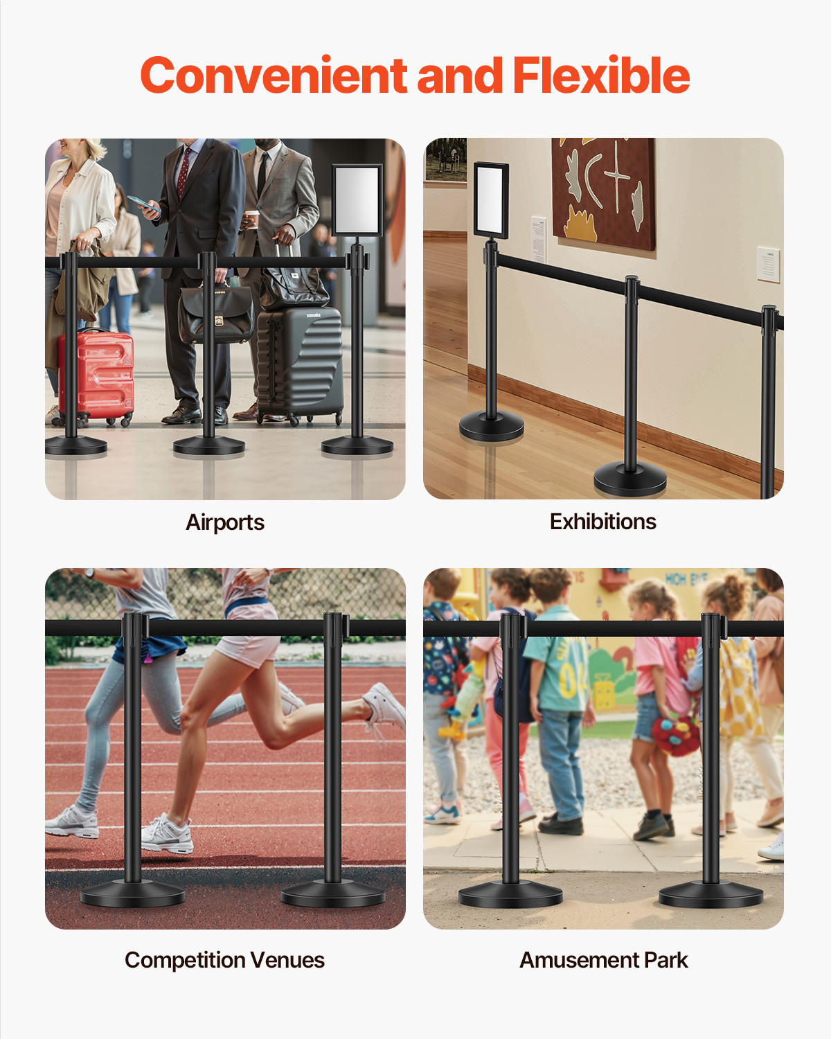 8 Pcs Stanchion Post with 4 Retractable Belts & 2 Sign Holders Hollow Base