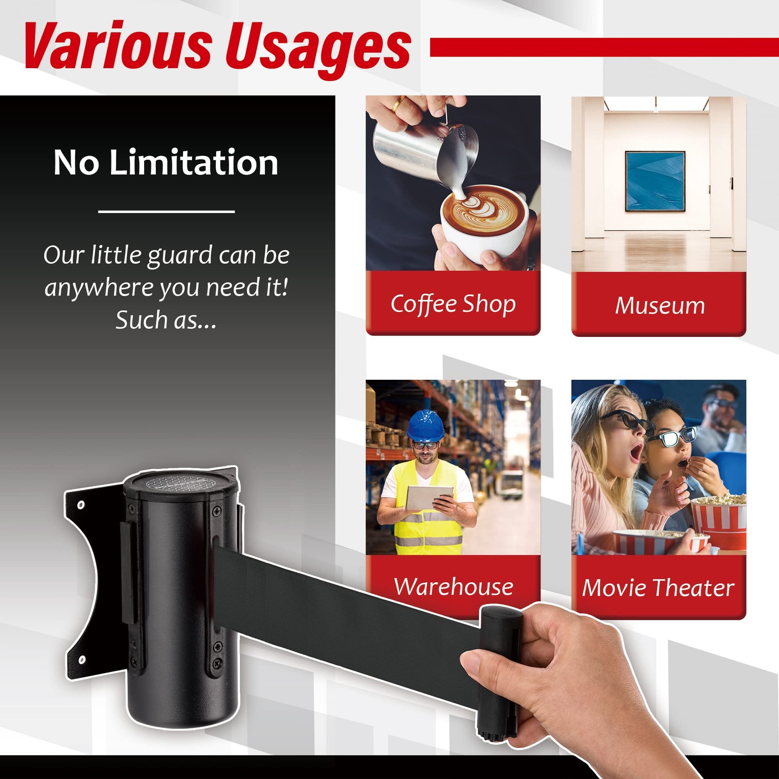 DuraSteel Wall Mount Crowd Control Retractable Belt Barrier – 9.2 Ft Black Re…