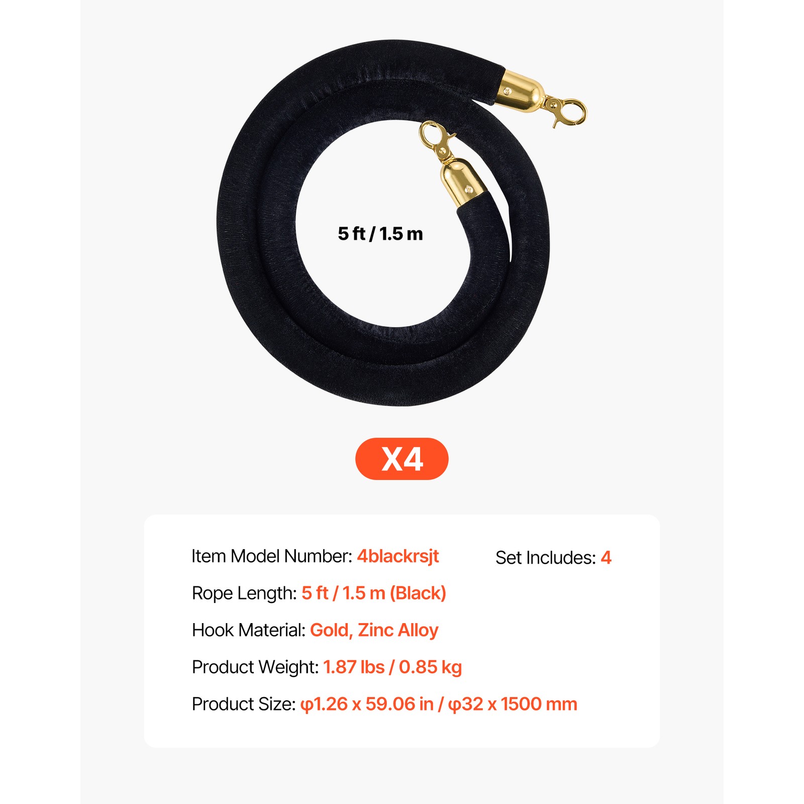 Uimoso 4 Pcs Black Velvet Barrier Ropes 5 ft with Gold Hooks for Stanchion Posts