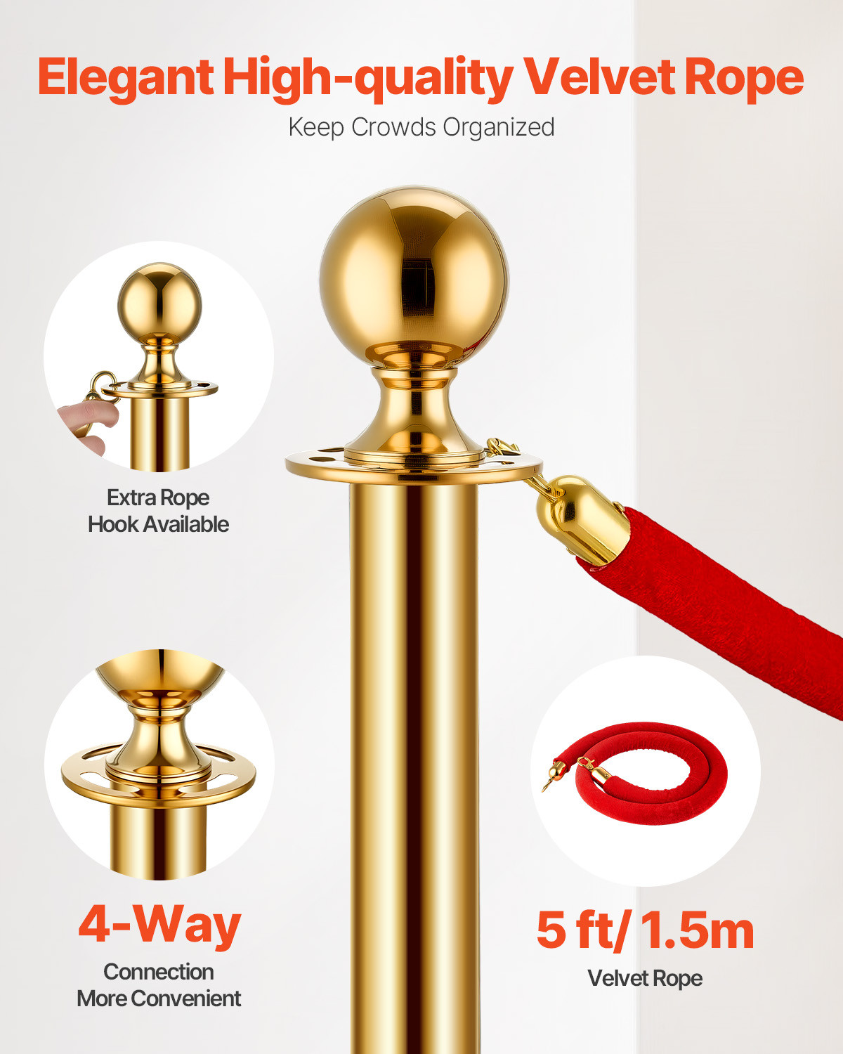 4 Pcs Gold Stanchion Post 2 Red Velvet Ropes Sand Injection Hollow Base