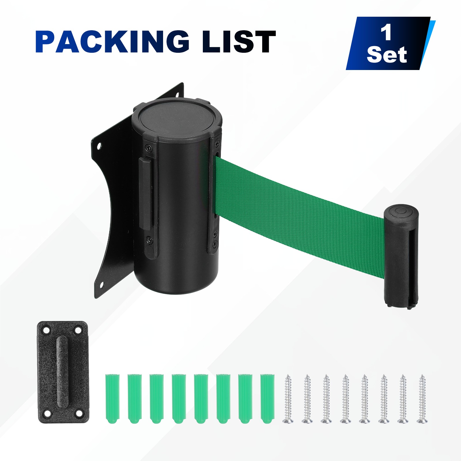 Fixed Wall Mount Retractable Belt Barriers (10 Feet, Green) (1 Pcs)