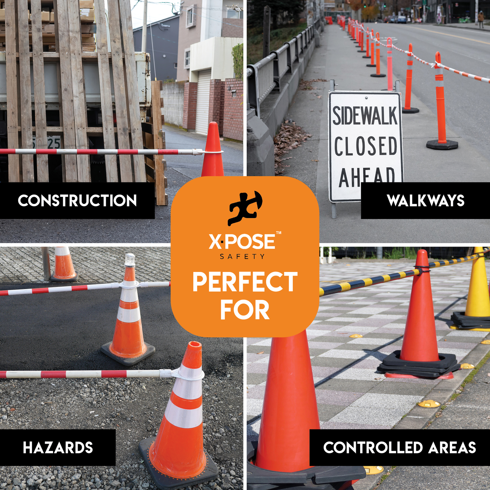 Orange and White Retractable Barrier for Traffic Cones – 2″ OD – 53-84″ 20 Pack
