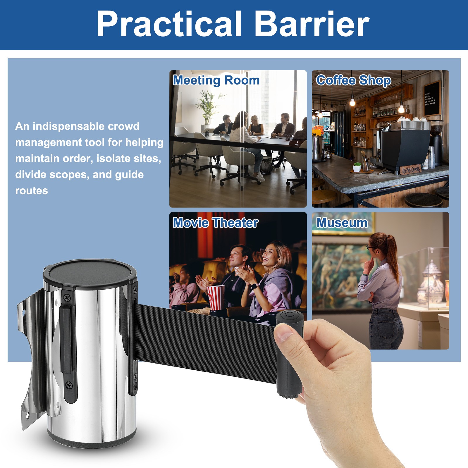 16.4 ft Fixed Wall Mount Retractable Belt Barrier Silver/Black