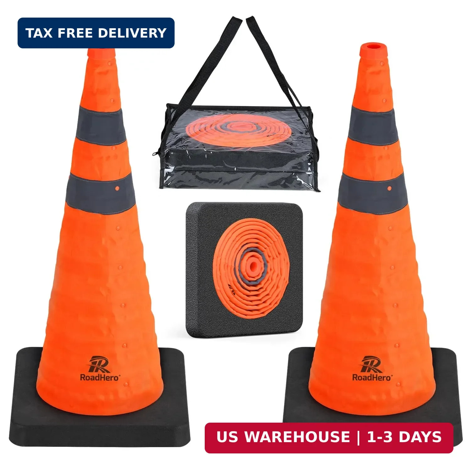 RoadHero 28 Inch Collapsible Traffic Safety Cones with Black Weighted Base, Cons