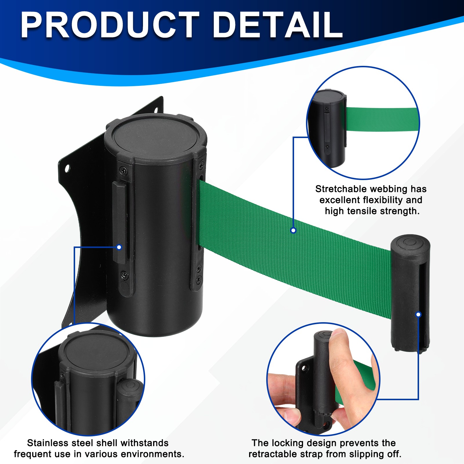 Fixed Wall Mount Retractable Belt Barriers (10 Feet, Green) (1 Pcs)