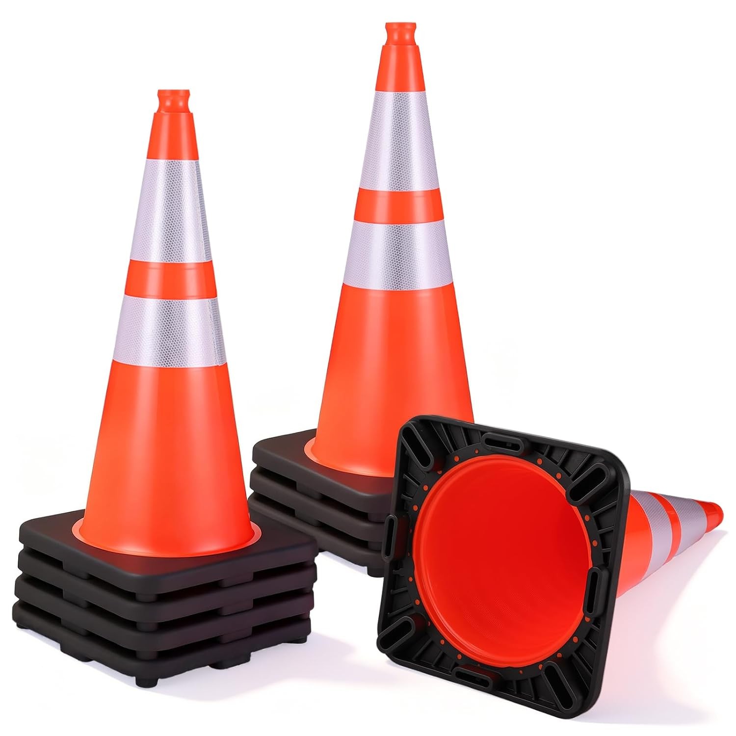 28 Inch Traffic Cones W/ 7 Lb Black Base & Reflective Collars Durable