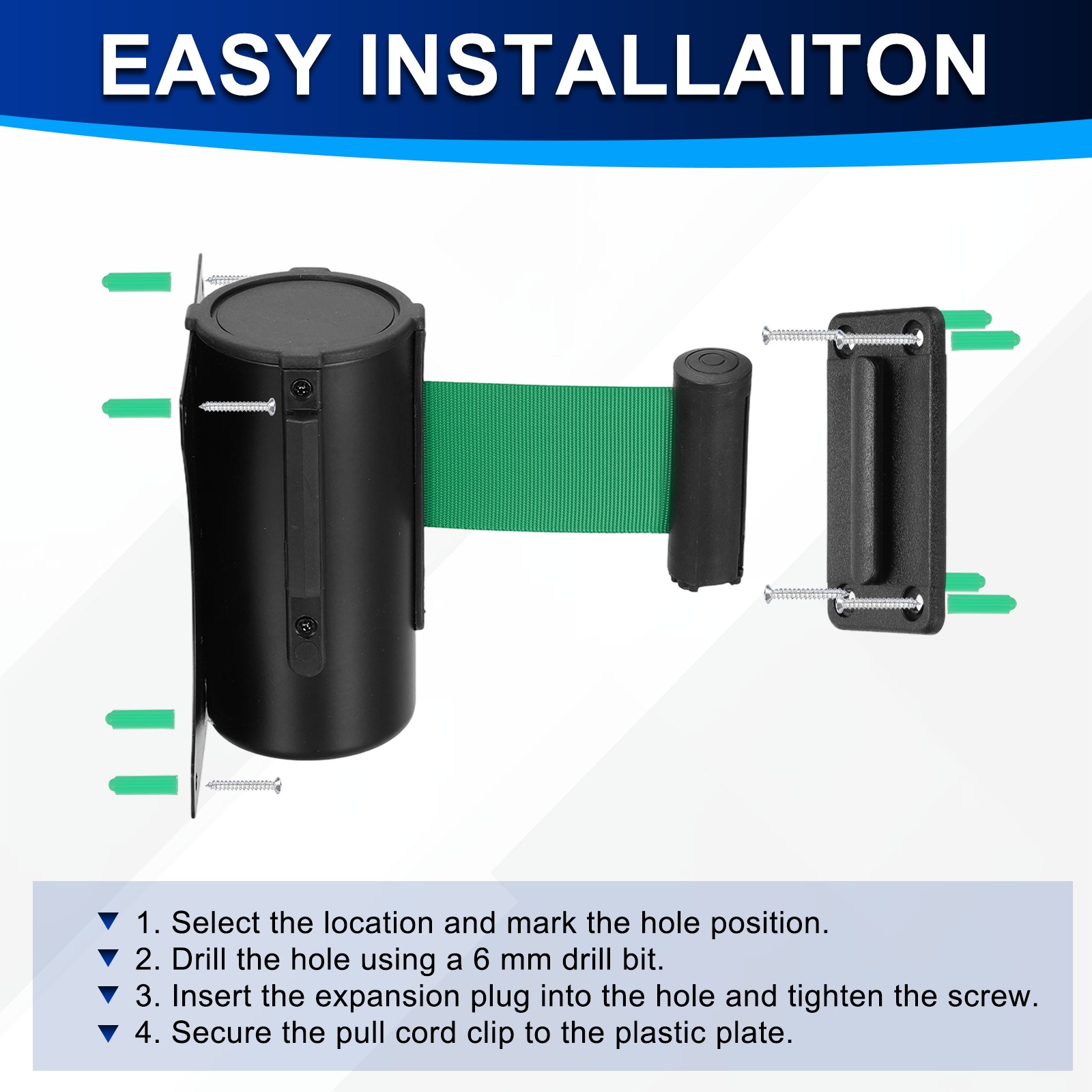 Fixed Wall Mount Retractable Belt Barriers (10 Feet, Green) (1 Pcs)