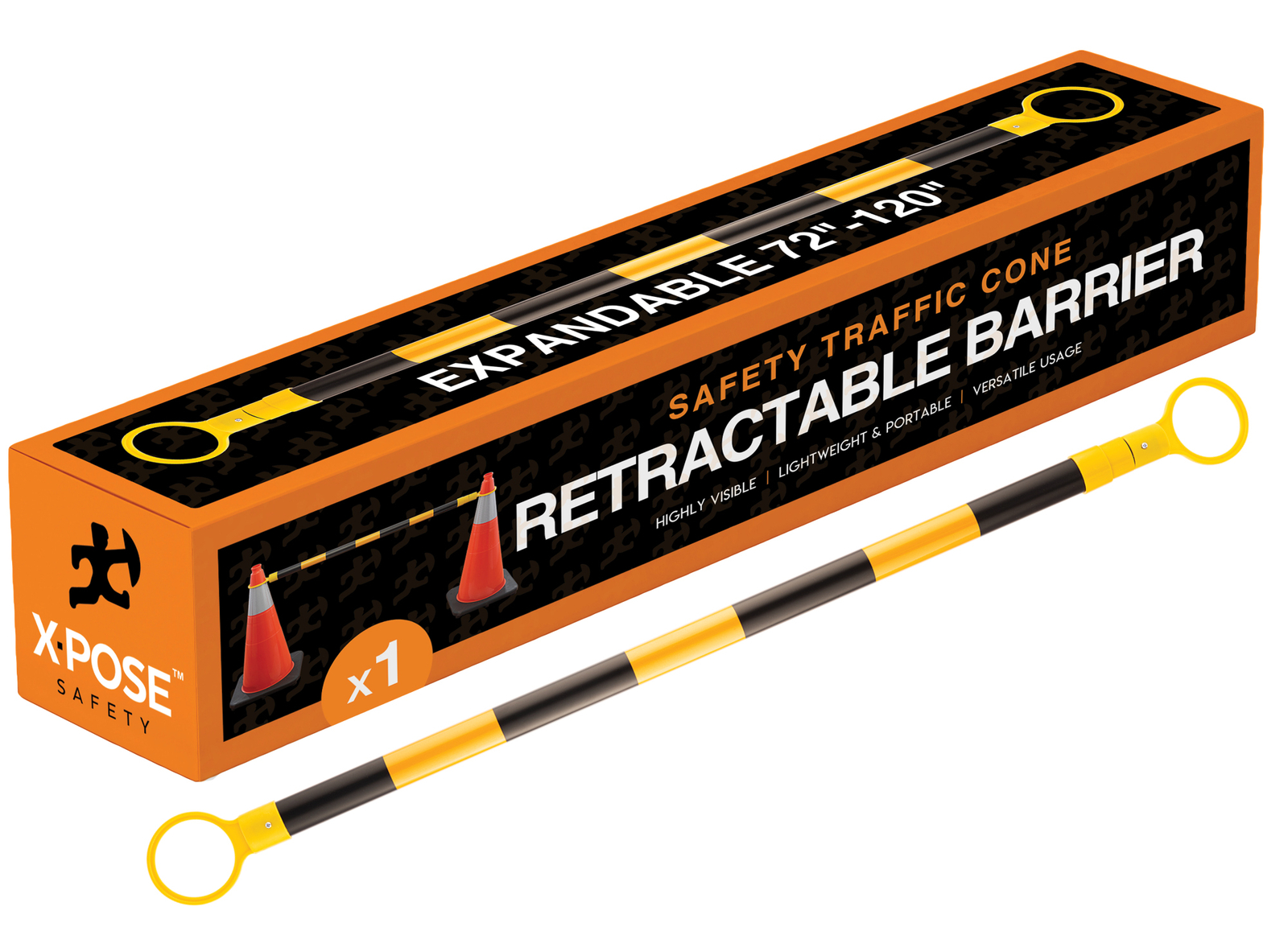 Yellow and Black Retractable Barrier for Traffic Cones – 2″ OD – 72-120″