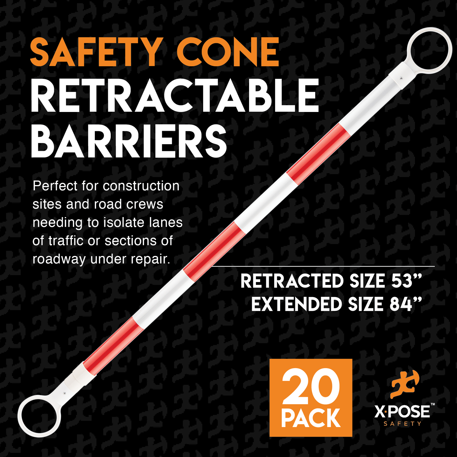 Orange and White Retractable Barrier for Traffic Cones – 2″ OD – 53-84″ 20 Pack