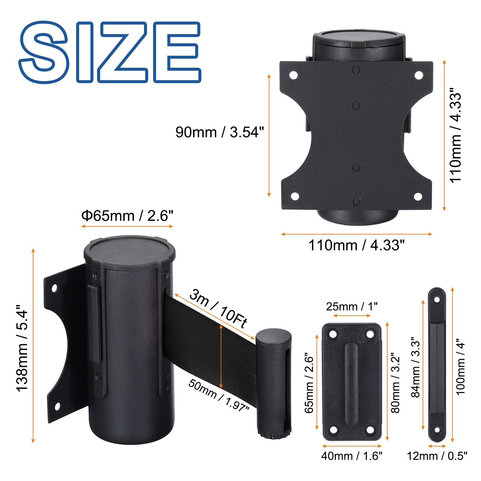 Fixed Wall Mount Retractable Belt Barrier, 10 Feet Black Color Belt
