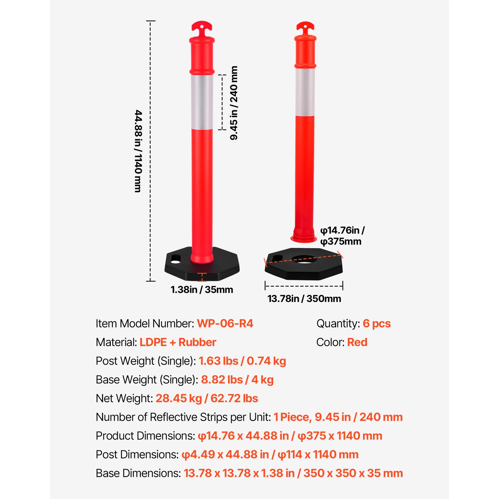Uimoso Set of 6 Traffic Delineator Posts 48-inch Safety Cones with Weighted Base