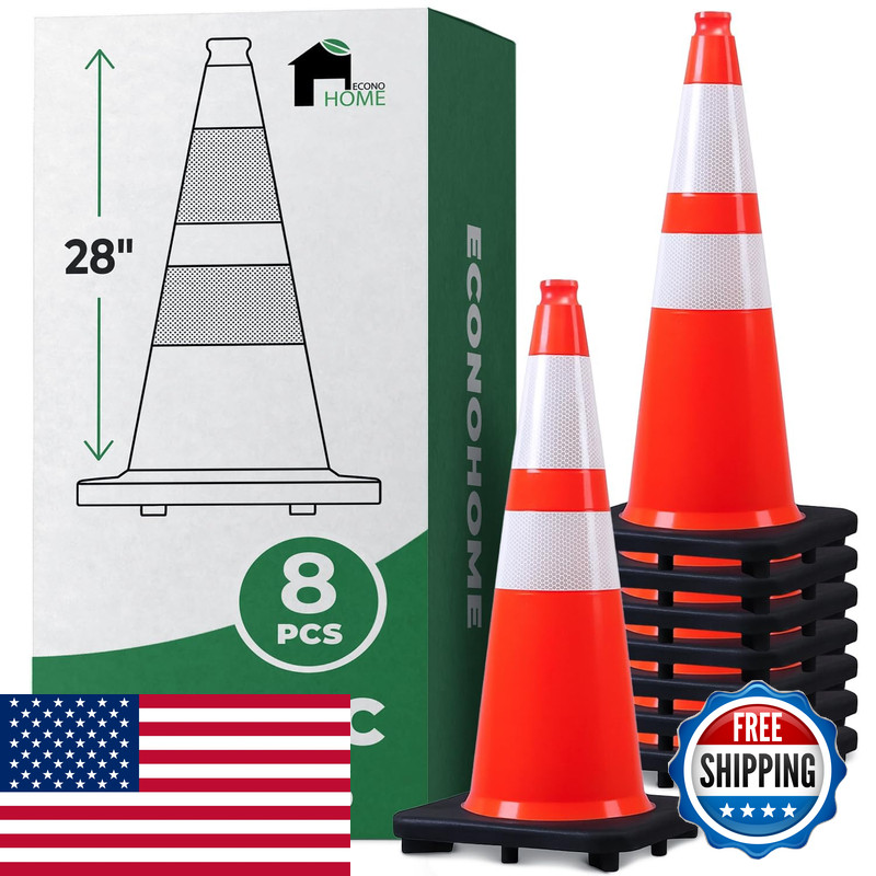 Econohome 28-Inch Tall 8-Pack Reflective Traffic Cones – 5.3 Lbs Weighted
