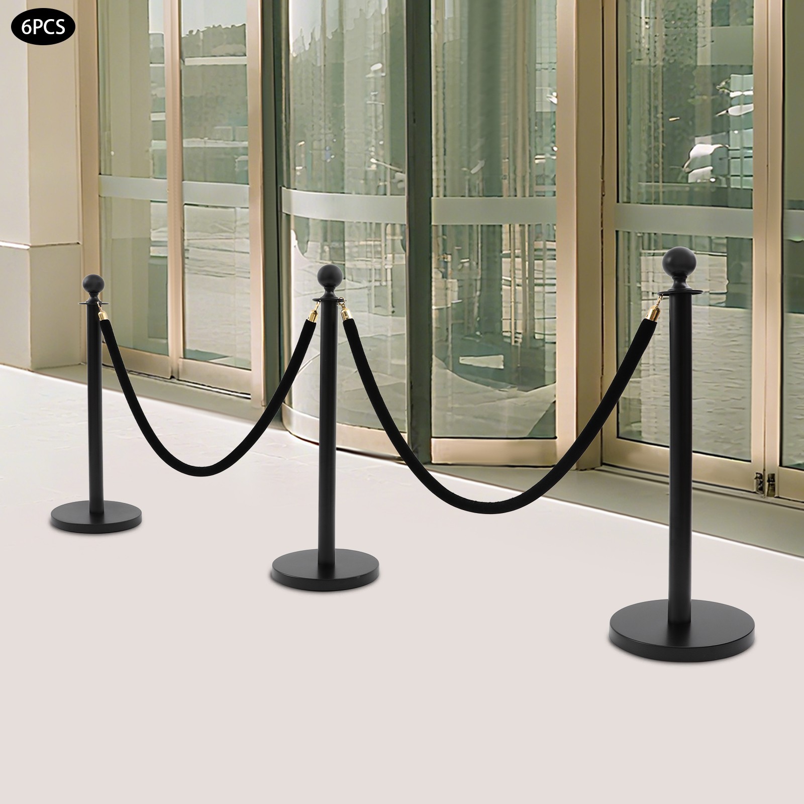 6 PCS Black Stanchion Posts Queue Pole Crowd Control Barrier w/ 4 1.5M Ropes USA
