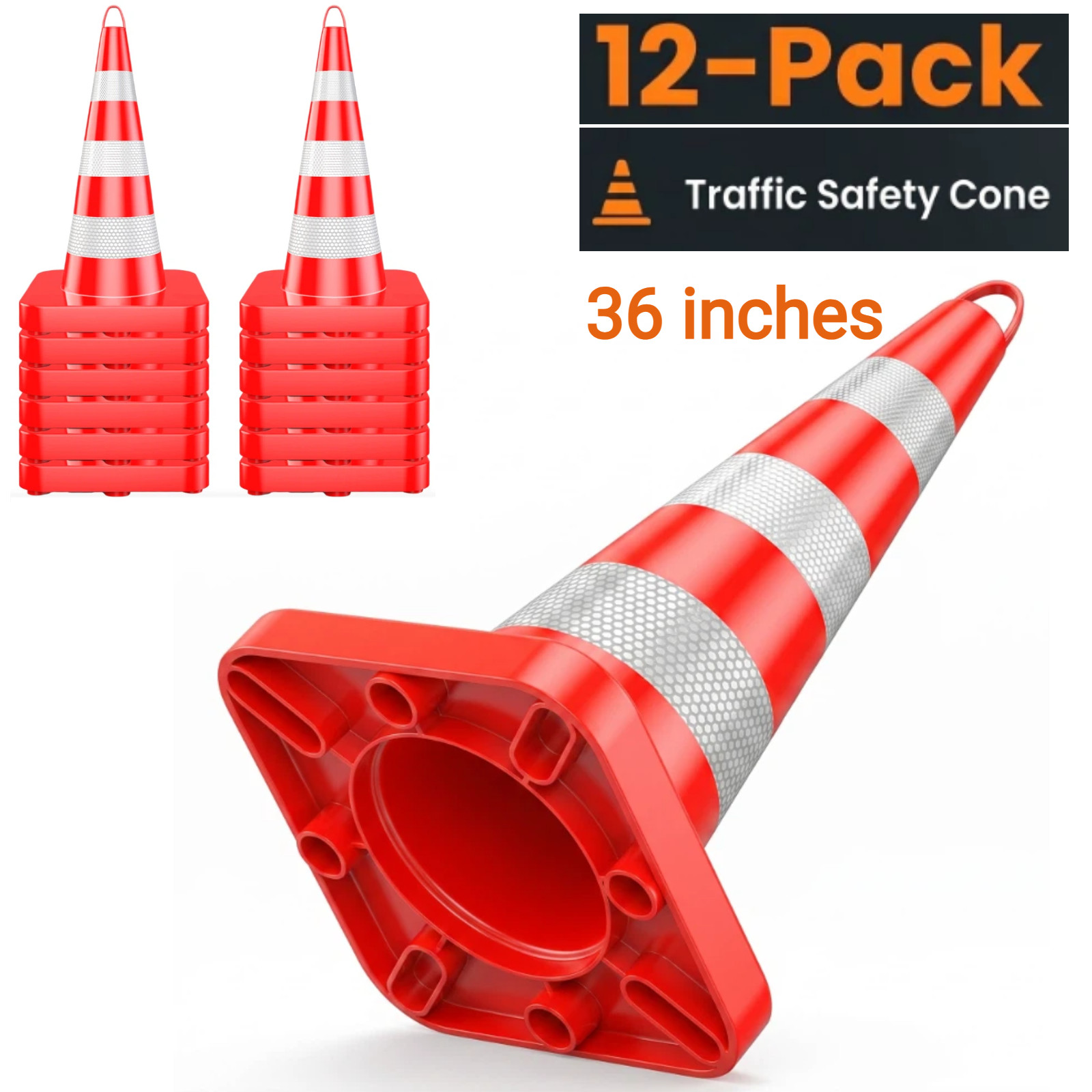 12 PACK 36″ Heavy Duty Traffic Cone Reflective Collars Safety Cones Road Cones