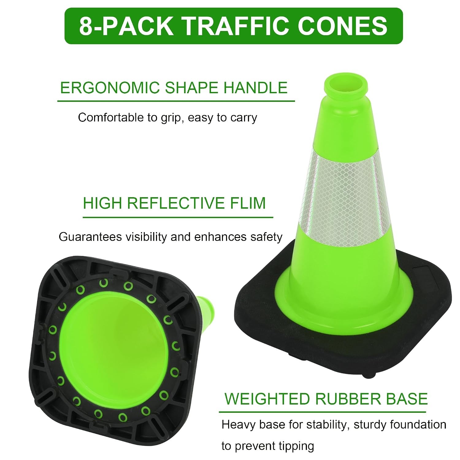 8 Pack 12″ Green Traffic Safety Cones PVC Parking Construction Cones