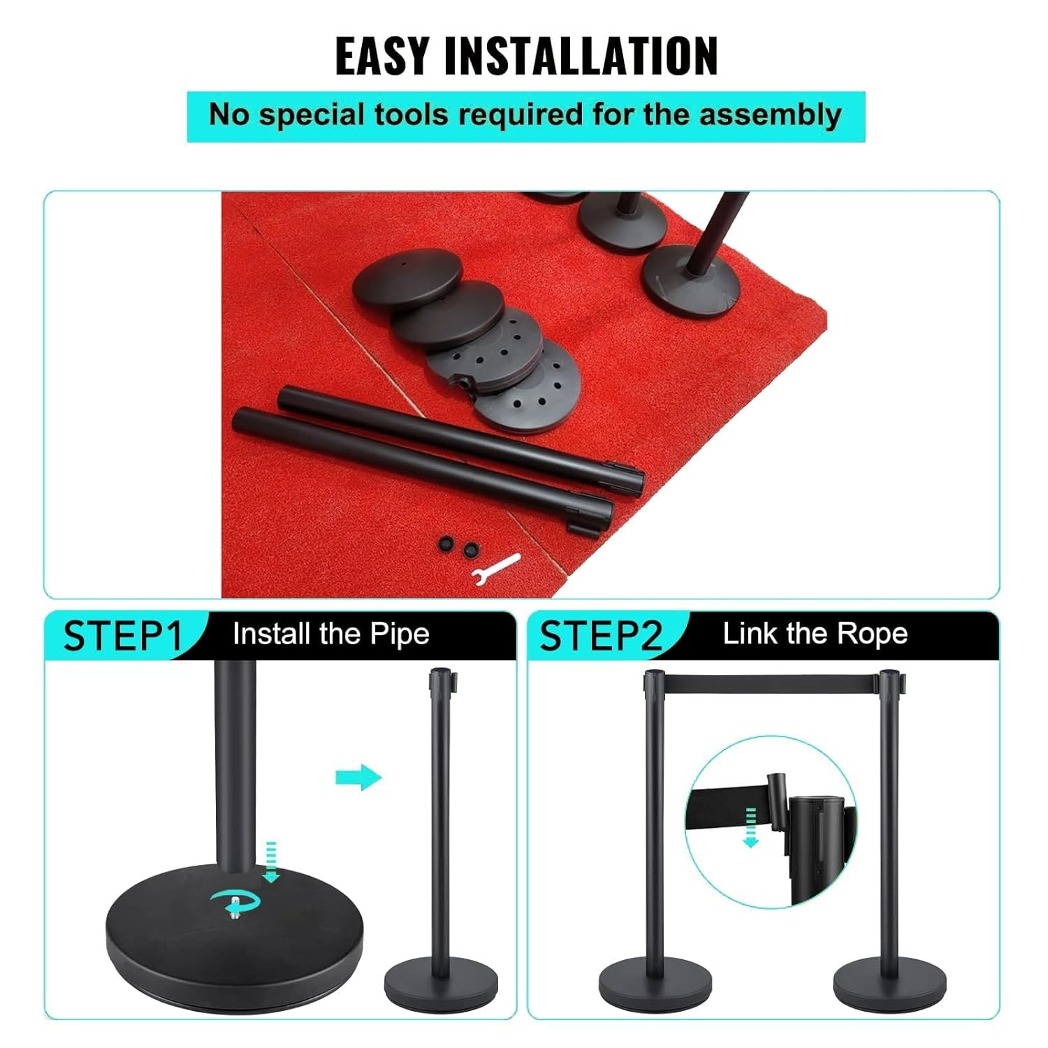 2/4/6-Pack Durable Steel Stanchions for Indoor/Outdoor Crowd Management & Events