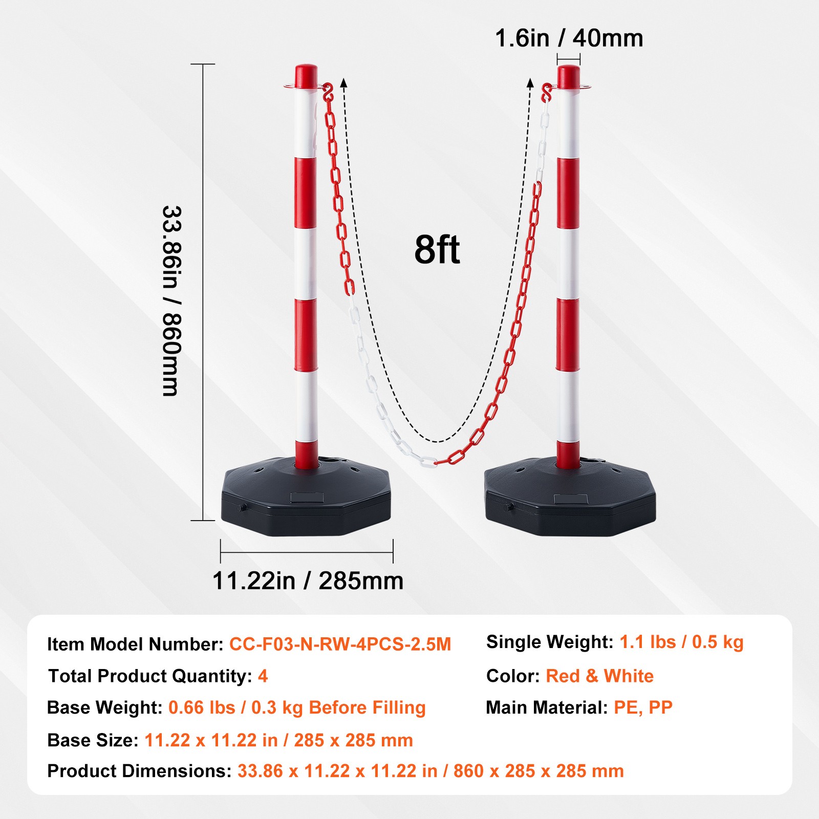 VEVOR 4PCs Traffic Delineator Post Cones with Fillable Base 8FT Chain Adjustable