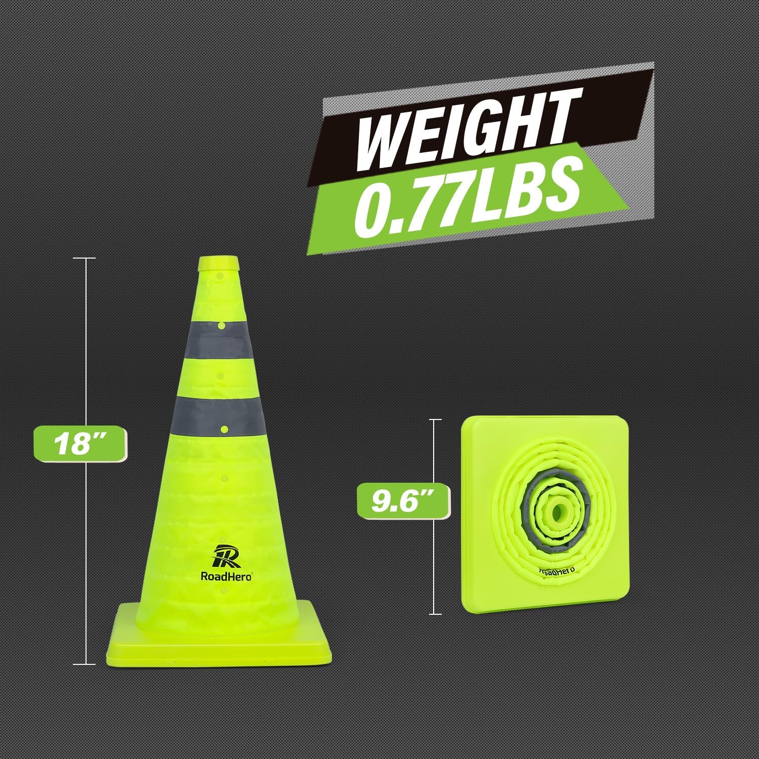 RoadHero 18 Inch 4 Pack Collapsible Traffic Safety Cones, Lime Green 18