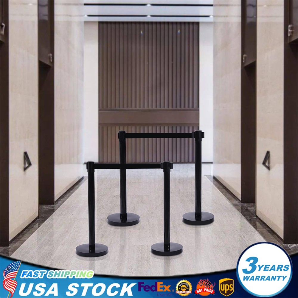 4* Black Retractable Belts Stanchion Post Event & Party Crowd Control 6.6ft Belt