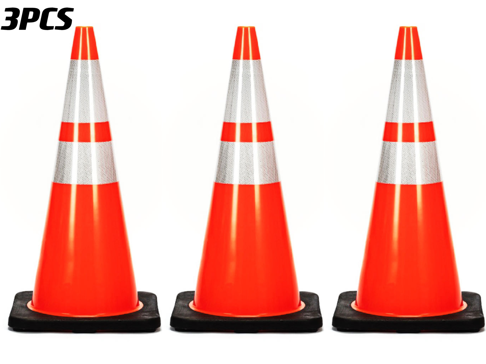 3-24PCS 28″PVC Traffic Safety Cones Black Base Reflective Road Parking cone