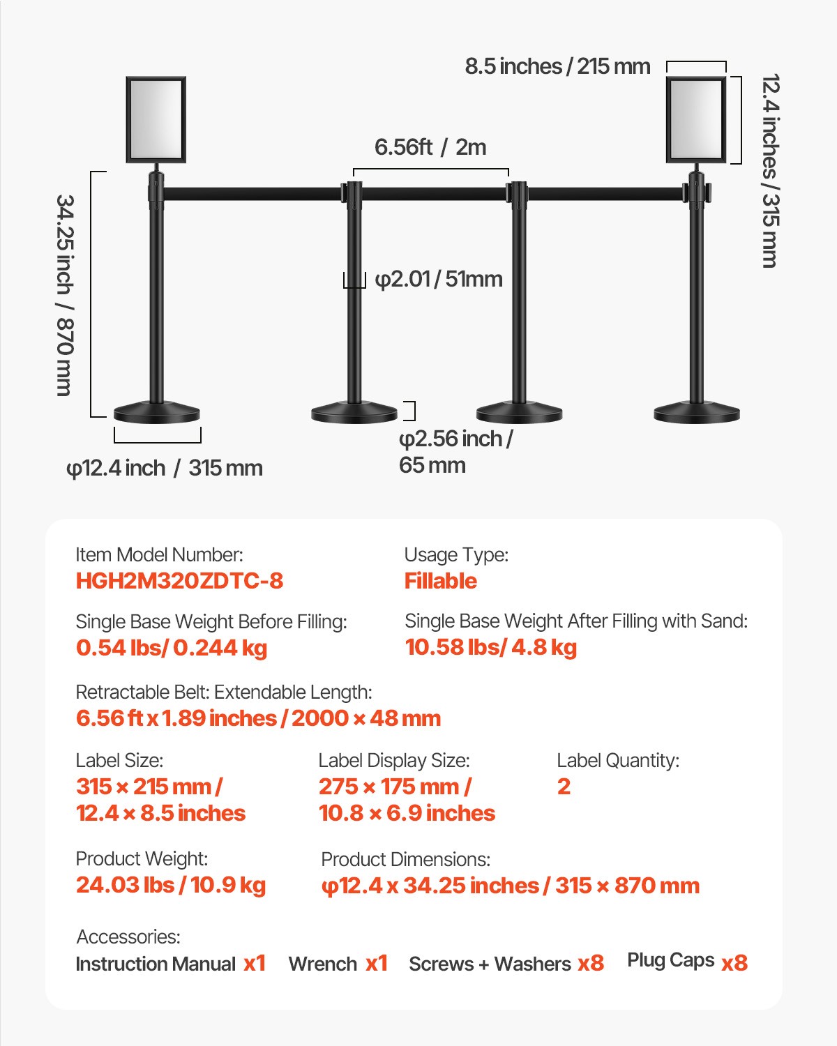VEVOR 8 Pcs Stanchion Post with 4 Retractable Belts & 2 Sign Holders Hollow Base