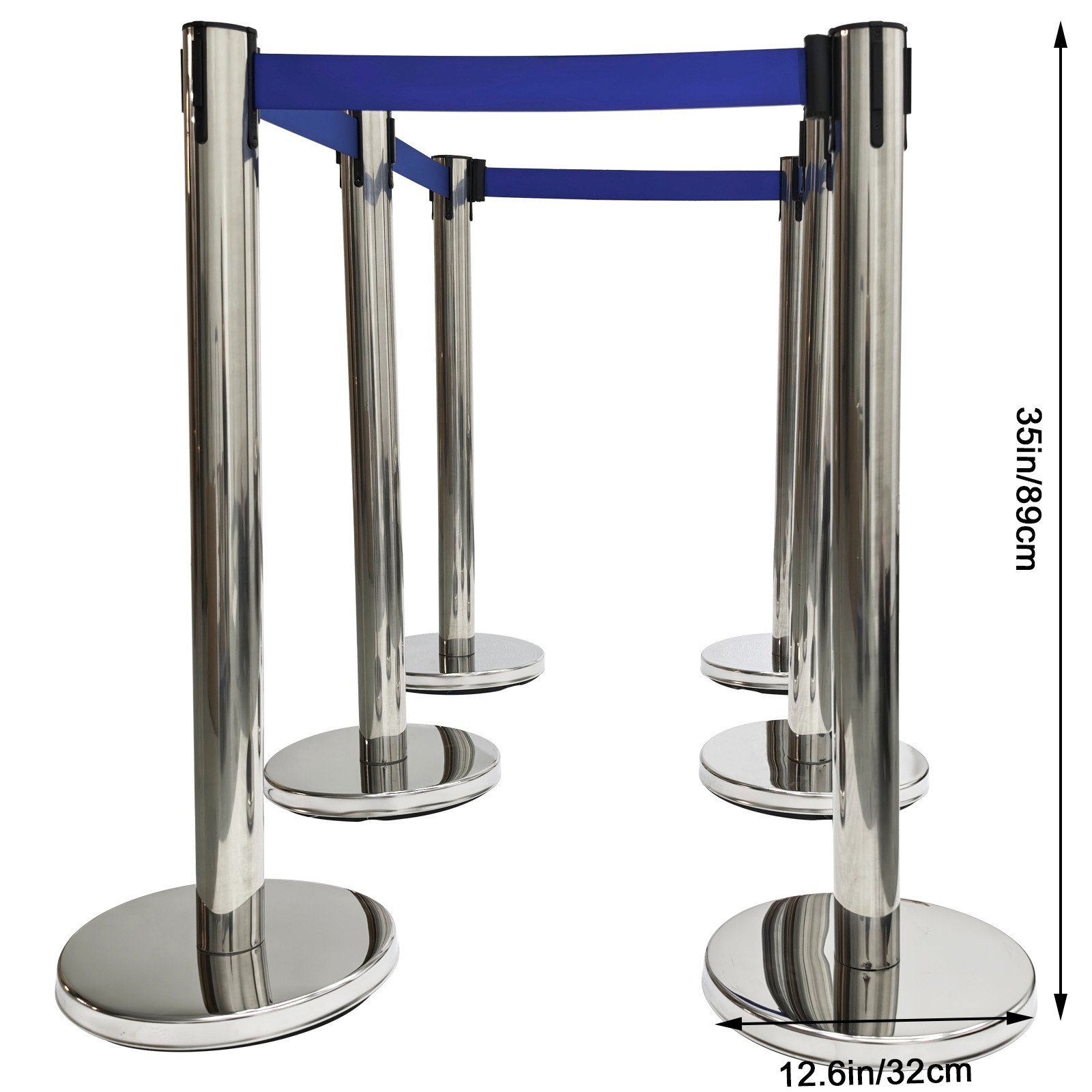 6 PCS Stainless Steel Stanchions with Blue Belts Posts Covers and Bases Blue Ret