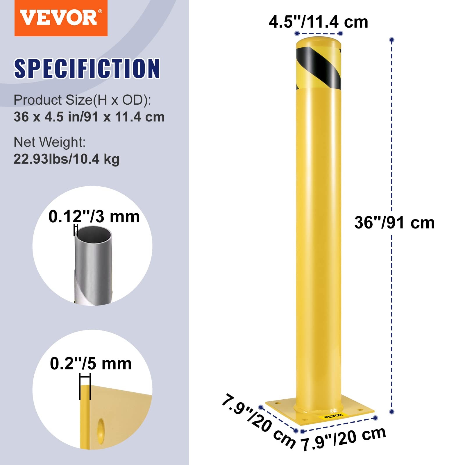 36 Inch Yellow Safety Bollard Durable Q235 Steel For Traffic Protection