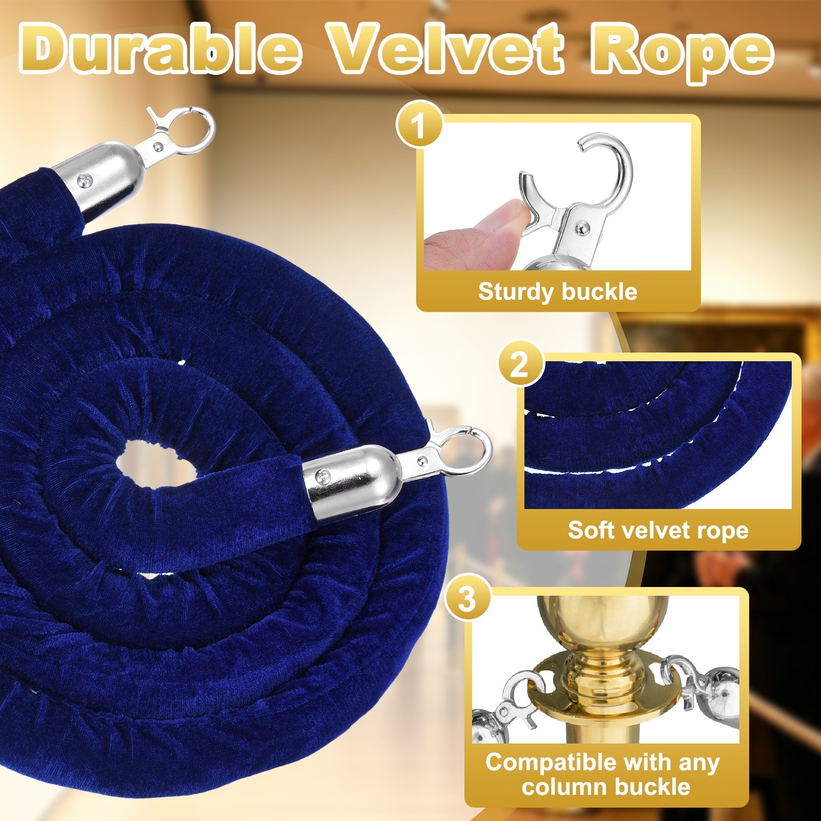 Velvet Stanchion Ropes with Silver Buckle, (6.6Ft X1.26 Inch, Blue) (2Pcs)