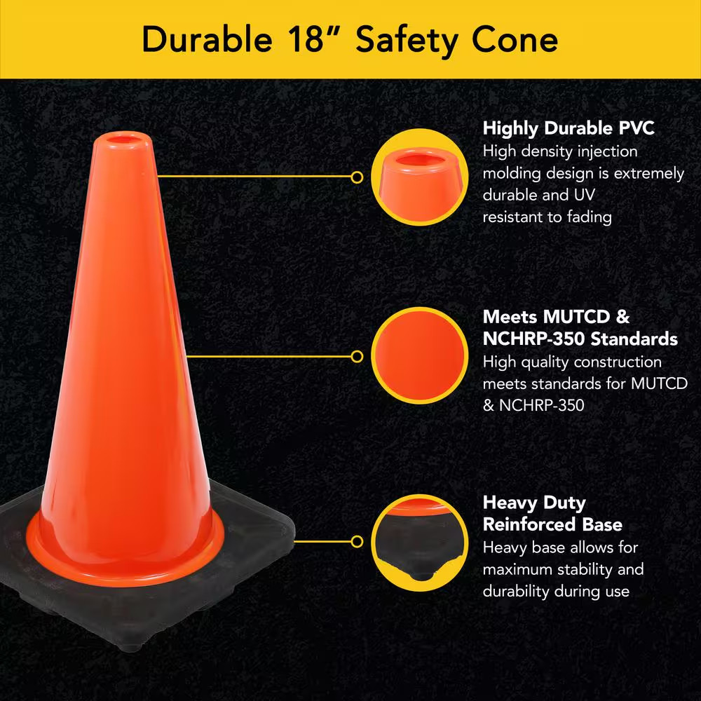 18 In. Orange PVC Injection Molded Safety Cone with Orange Base