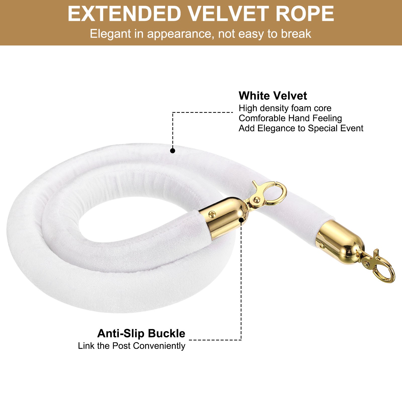 2pack, 4 Feet White Velvet Stanchion Rope Crowd Control Barrier Rope Golden