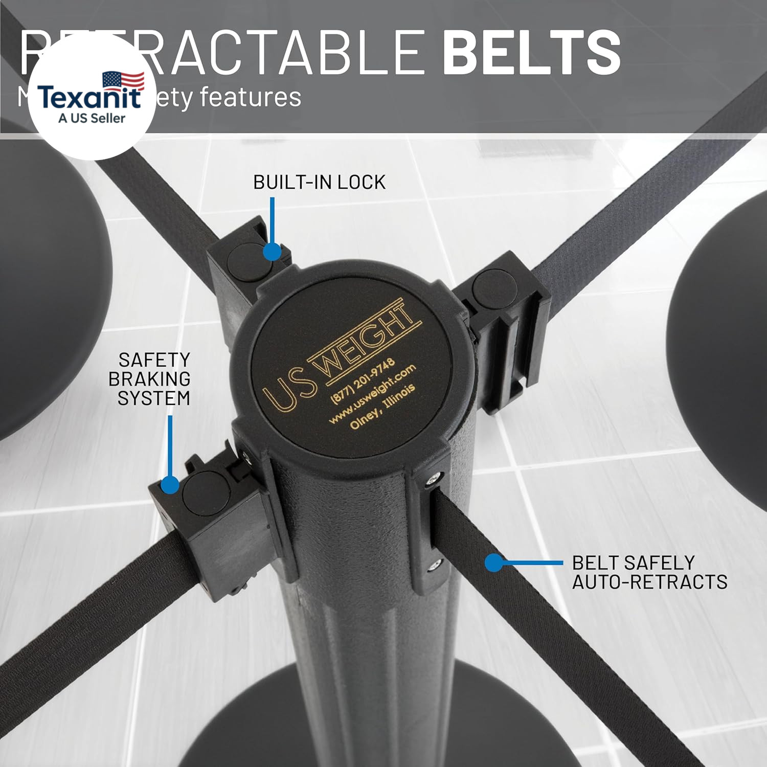 Black Plastic Stanchion for Crowd Control with 6.5′ Retractable Black Barrier Be