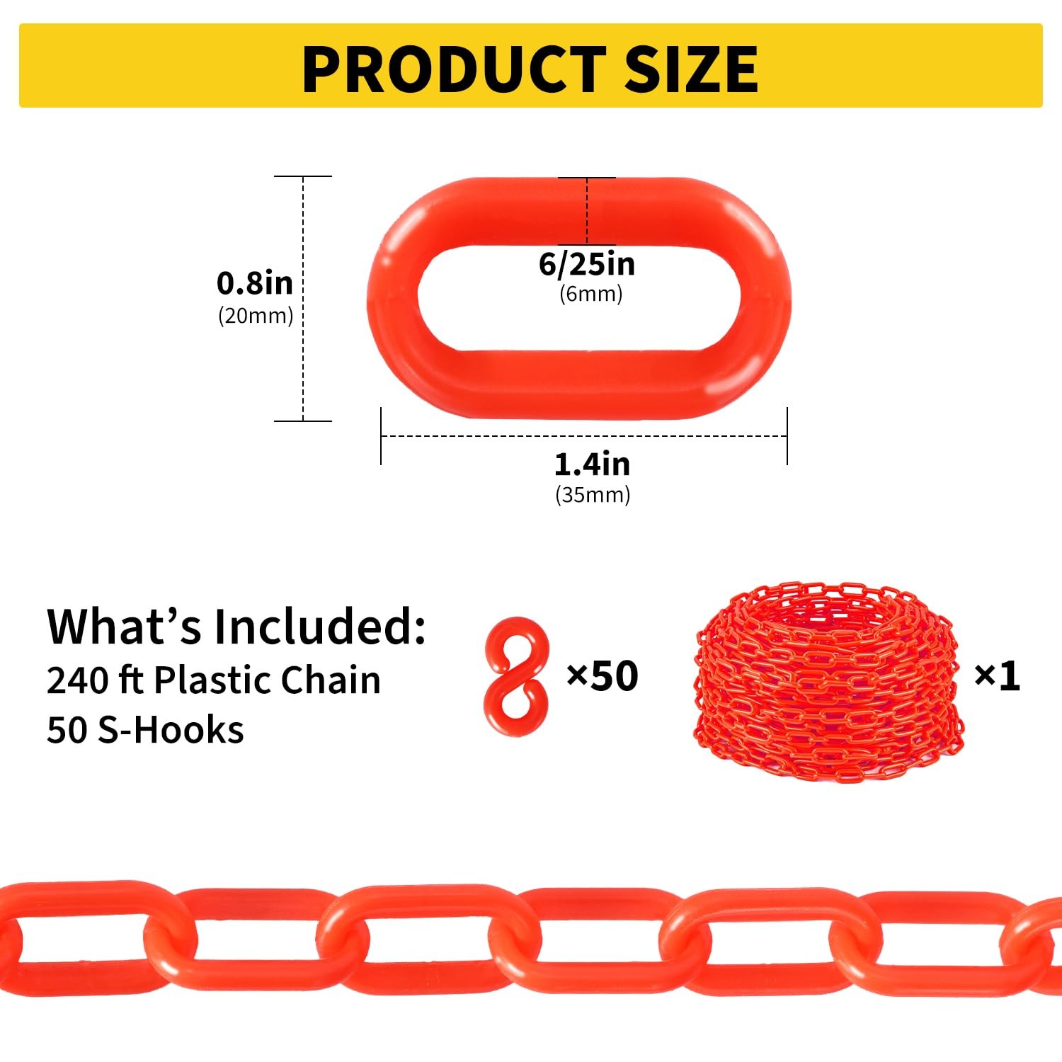 ⭐Plastic UV Resistant Safety Barrier Chain Links 240FT w/50 S Hooks for Driveway