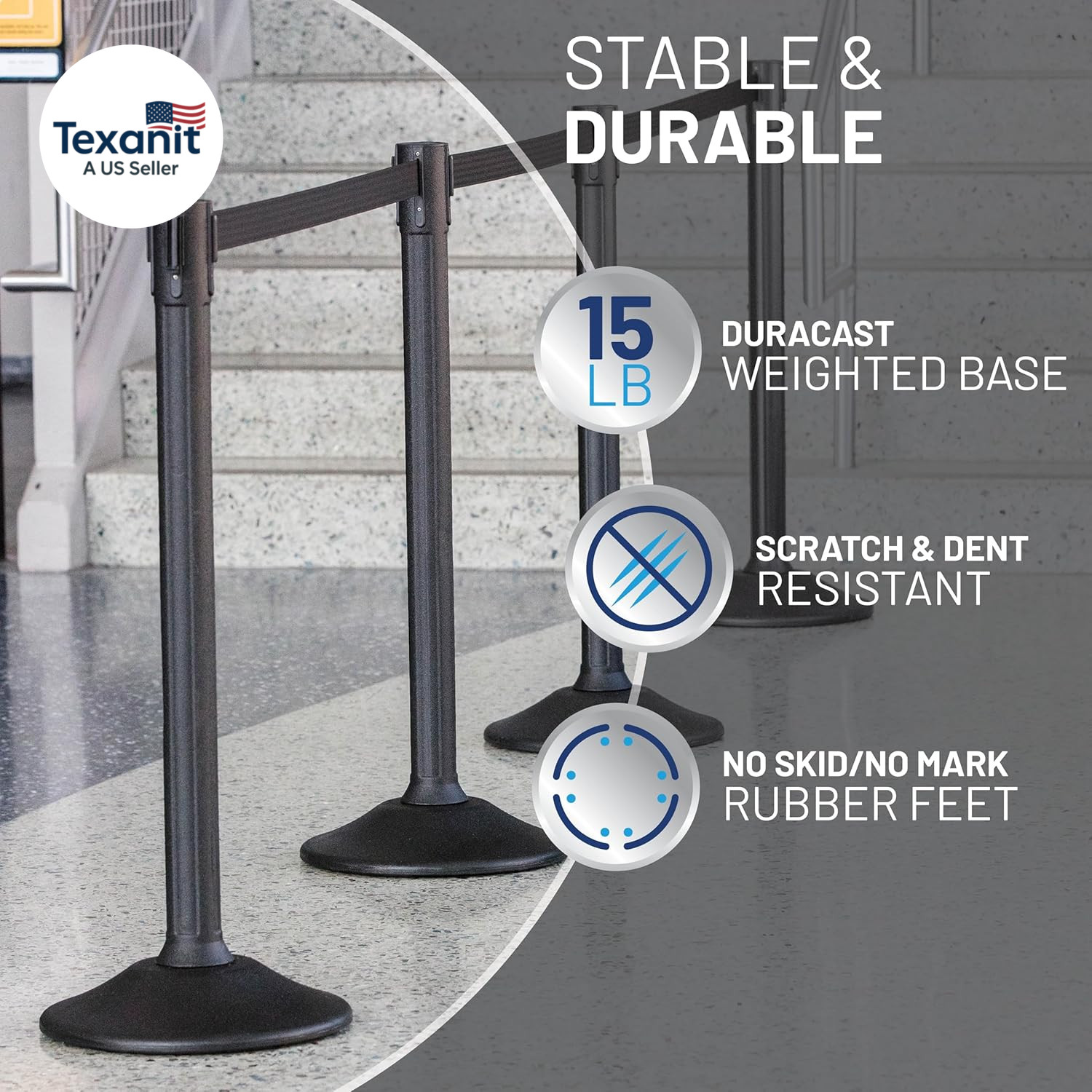 Black Plastic Stanchion for Crowd Control with 6.5′ Retractable Black Barrier Be