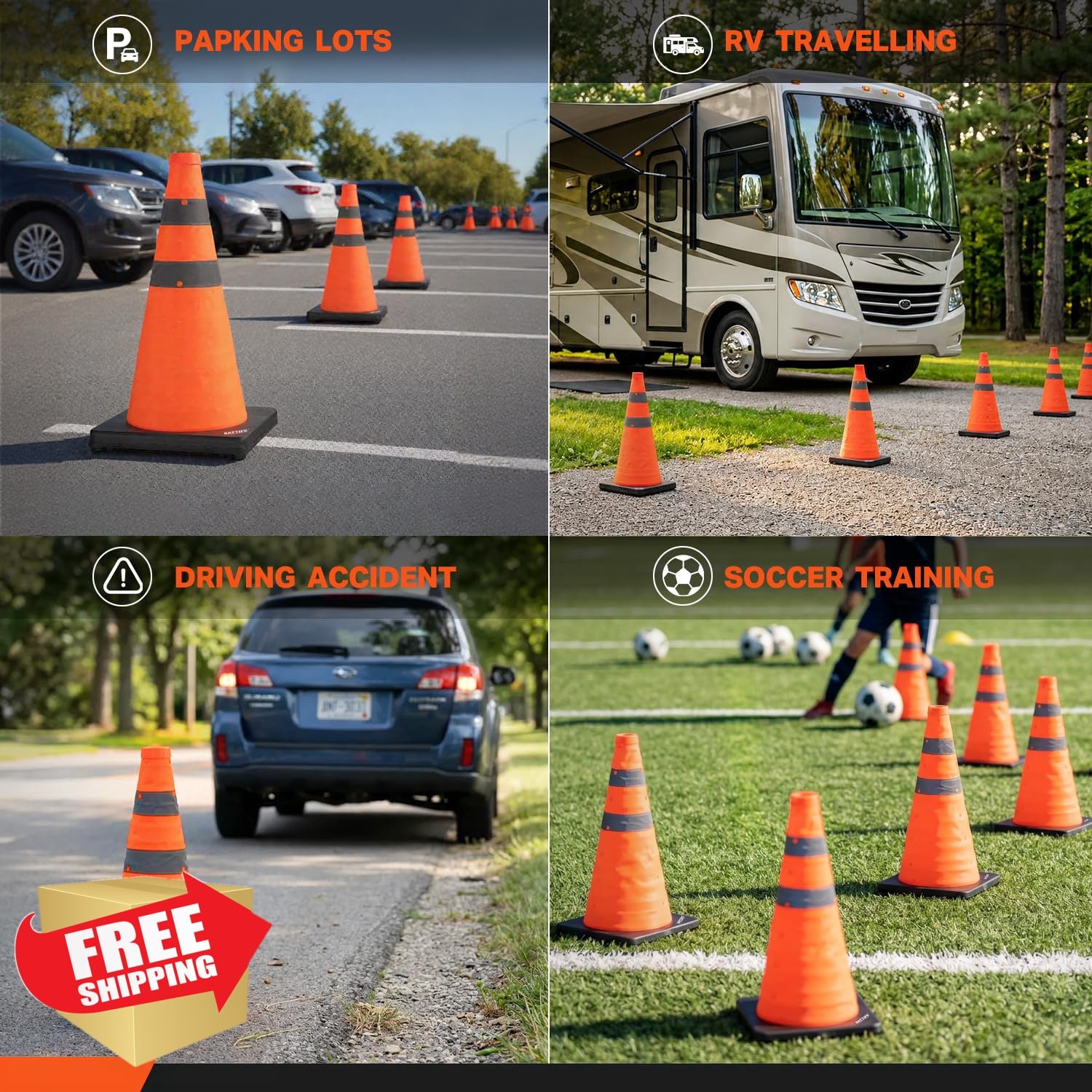 BATTIFE 4 Pack 18inch Orange Traffic Cones