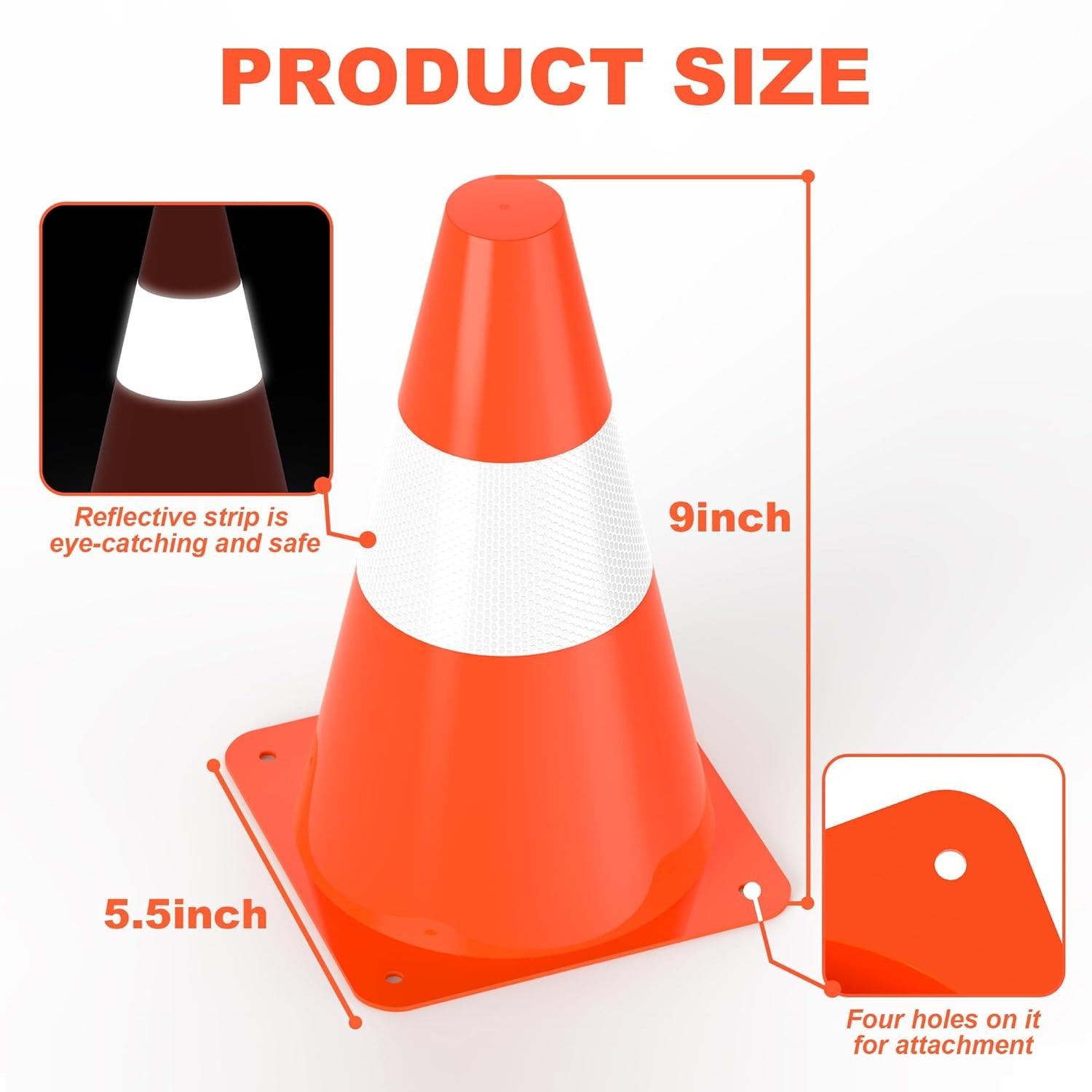 [4 Pack] 9″ Traffic Safety Cones with Reflective Collars,Orange Construction Con